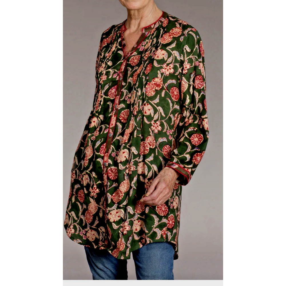 Nila Rubia 100% Cotton Hand Block Print Pintuck Tunic Top Green Floral Sz M